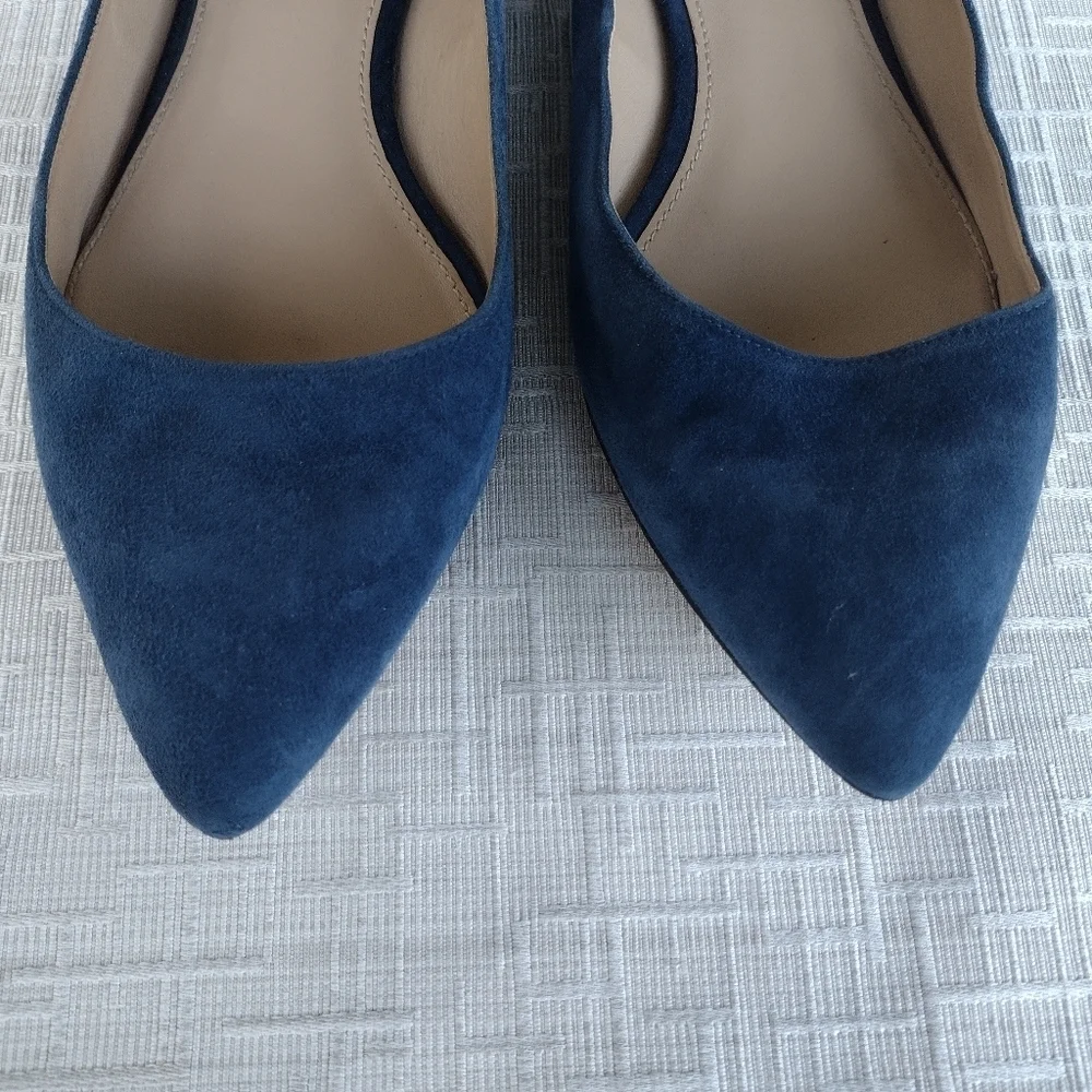 Tory Burch Women's Elizabeth Suede Gold Pin Accent Pointed Flat Blue Pumps 11